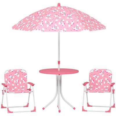 AIYAPLAY Masă de Picnic pentru Copii, Set Masă și Scaune cu 2 Scaune Pliabile și Umbrelă Detasabilă, Temă Junglă, Mobilier de Exterior pentru Grădină, Patio, Roz | Aosom Romania