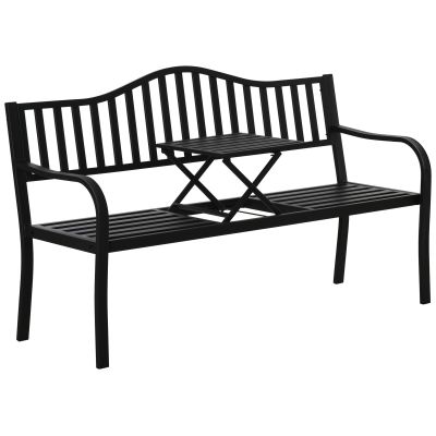 Bancă de Grădină Outsunny din Metal cu Măsuță Centrală Retractabilă, Bancă Loveseat pentru Terasă cu Șezut și Spătar cu Șipci, pentru 2–3 Persoane, Neagră | Aosom Romania