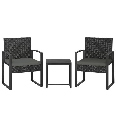 Outsunny Set bistro din rattan, set mobilier de grădină 3 piese cu 2 scaune, masă de cafea, perne detașabile, gri închis | Aosom Romania