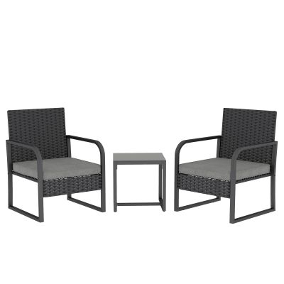 Outsunny Set de Grădină 3 Piese din Rattan PE și Oțel, Set cu 2 Fotolii cu Perne Lavabile și Măsuță de Cafea cu Blat din Sticlă, Set de Mobilier pentru Balcon, Terasă sau Curte, Gri Închis și Negru | Aosom Romania