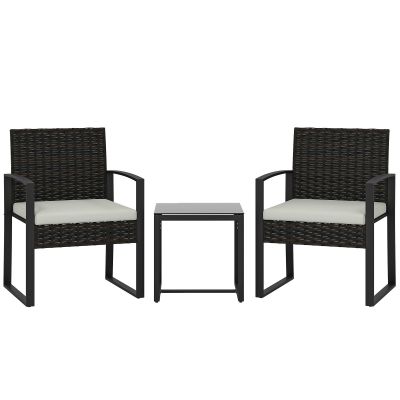 Outsunny Set de Mobilier de Grădină din Ratan Sintetic cu 2 Scaune cu Perne Detașabile și Masă cu Blat din Sticlă, Crem | Aosom Romania