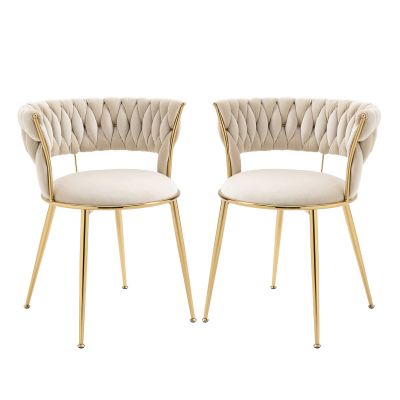 Set de 2 scaune de dining din catifea moale, stil modern cu spătar împletit și brațe, Alb