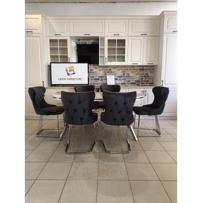 SET STELLA GRI CU ARGINTIU MASA+6 SCAUNE, BLAT ALB