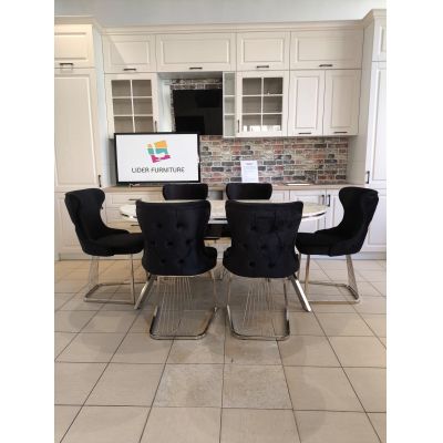 SET STELLA NEGRU CU ARGINTIU MASA+6 SCAUNE, BLAT ALB