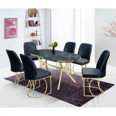 Set TIMARA, masa cu 6 scaune, ovala, 6 persoane, marmura lotus + auriu + negru, 160x80 cm