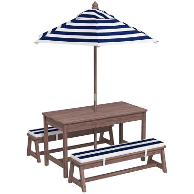AIYAPLAY Set mobilier de grădină exterior pentru copii cu perne și parasol detașabil, dungi bleumarin și albe | Aosom Romania