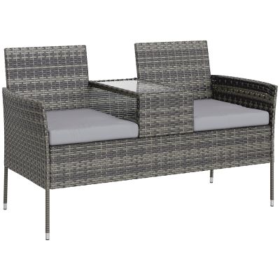 Outsunny Bancă de Grădină cu 2 Locuri din Rattan și Oțel, Bancă de Exterior cu Perne și Măsuță Centrală cu Blat din Sticlă Securizată, 135x64x81 cm, Gri Închis | Aosom Romania