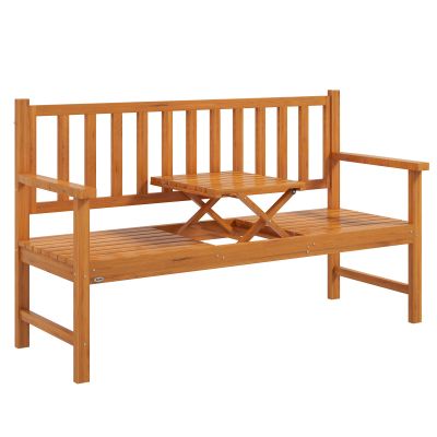 Outsunny Bancă de Grădină pentru 2-3 Persoane din Lemn de Pin, Bancă de Exterior cu Măsuță Rabatabilă și Brațe, pentru Balcon și Terasă, 153x56x91 cm, Maro Deschis | Aosom Romania