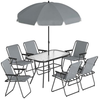 Outsunny Set de Masă de Grădină 8 Piese cu Umbrelă, Set Mobilier Grădină cu 6 Scaune Pliabile, Masă din Sticlă Temperată și Umbrelă pentru Terasă, Gri | Aosom Romania