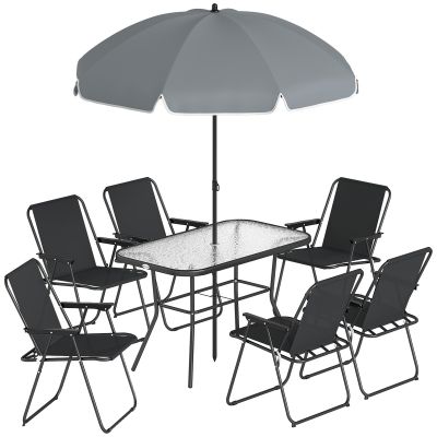 Outsunny Set Dining de Grădină 8 Piese cu Umbrelă, Mobilier de Exterior cu 6 Scaune Pliabile, Masă din Sticlă Temperată și Umbrelă pentru Terasă, Negru | Aosom Romania