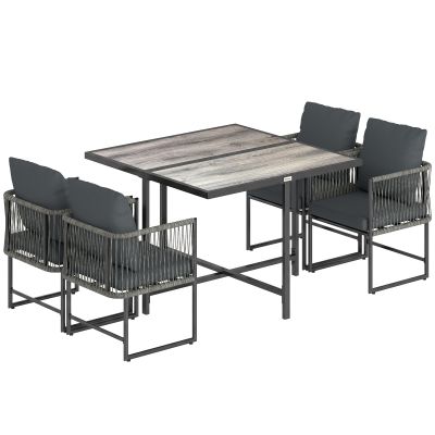 Outsunny Set mobilier grădină din polyrattan 5 piese, economisire de spațiu, set cu masă și 4 scaune, blat DPC, perne, gri | Aosom Romania