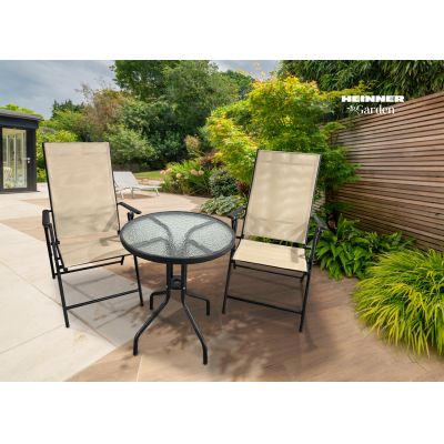 Set mobilier de gradina 3 piese Texas, Heinner, 60x71 cm/56x68x105 cm, otel/sticla/textil, bej/negru