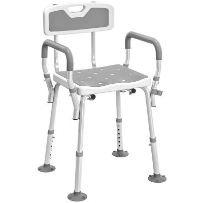 HOMCOM Taburet/Scaun de duș ergonomic înălțime reglabilă picioare antiderapante 56,5 x 53,5 x 87 cm alb și gri | Aosom Romania