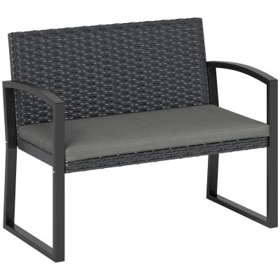 Outsunny Banc de grădină 2 locuri, banc de exterior din resină împletită PE cu pernă, oțel galvanizat, 103x58x78cm, gri și negru | Aosom Romania