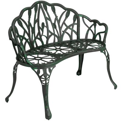 Outsunny Banc de grădină din aluminiu turnat, banc exterior 2 locuri cu spătar lalea, șezut floral, 99x57x78cm, vert antique | Aosom Romania