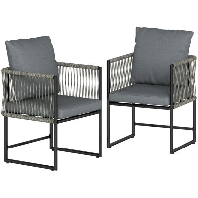 Outsunny Set 2 scaune de grădină rezistente la intemperii din oțel și PE-Rattan cu pernă cotieră spătar 52x52x66 cm Gri închis | Aosom Romania