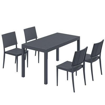 Outsunny Set mobilier de grădină, grup de scaune 5 piese, masă lată cu 4 scaune stivuibile, design lamelar pentru 4 persoane, gri închis | Aosom Romania