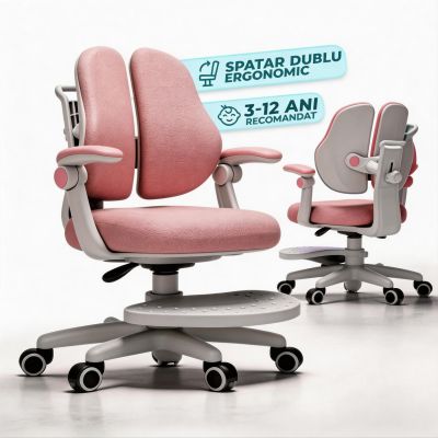 Scaun ergonomic copii 3-12 ani, Rglaj inaltime, Brate rabatabile, Roti auto-blocante, Roz - Default Title