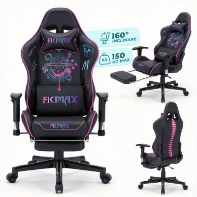 Scaun Gaming Timebox, 160°, Tetiera si Perna Lombara, Roz - Default Title