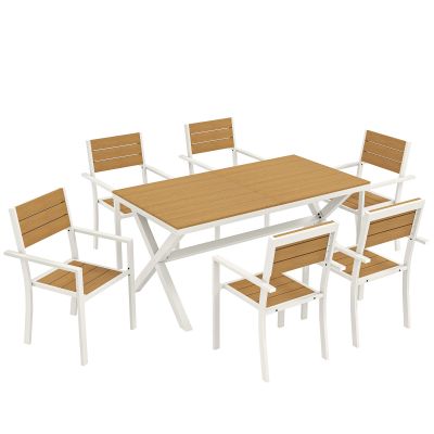 Outsunny Set Masă și Scaune de Grădină 7 Piese, Set Prânz Exterior din Aluminiu cu 6 Scaune Stivuibile, Masă cu Șipci Imitatie Lemn, pentru Terasă, Balcon, Patio, Teak | Aosom Romania
