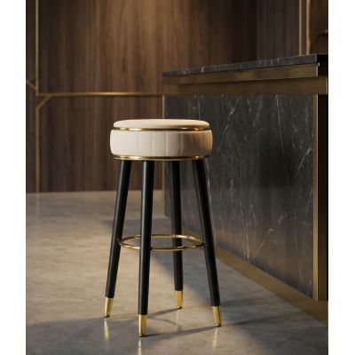 Scaun de bar, Mauro Ferretti, London, 37x74 cm, lemn de pin/piele ecologica, crem/negru/auriu