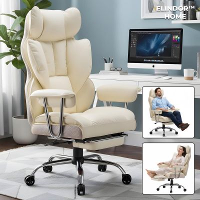 Scaun de Birou Elindor® Ergonomic, Design Contemporan, Scaun cu Spatar si Manere, din Piele PU cu Suport pentru Picioare si Lombar, cu Roti, 52 x 60 x 127 cm, Bej - Default Title