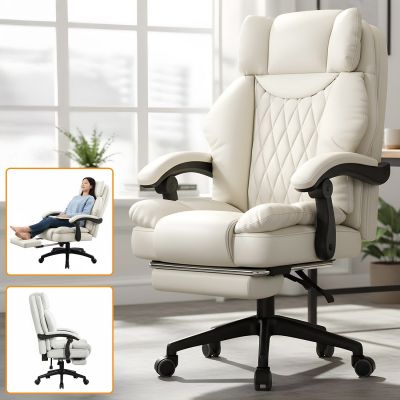 Scaun de Birou Elindor® Ergonomic, Design Contemporan, Scaun cu Spatar si Manere, din Piele PU cu Suport pentru Picioare si Roti, Latime Sezut 58 cm, Inaltime intre 110-118 cm, Alb - Default Title