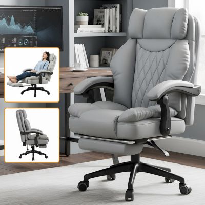 Scaun de Birou Elindor® Ergonomic, Design Contemporan, Scaun cu Spatar si Manere, din Piele PU cu Suport pentru Picioare si Roti, Latime Sezut 58 cm, Inaltime intre 110-118 cm, Gri - Default Title
