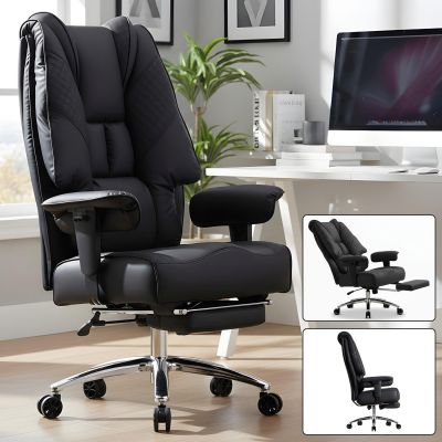 Scaun de Birou Elindor® Ergonomic, Design Contemporan, Scaun cu Spatar si Manere, din Piele PU cu Suport pentru Picioare si Roti, Latime Sezut 58 cm, Inaltime intre 48-56 cm, Negru - Default Title