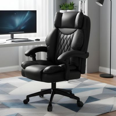 Scaun de Birou Elindor® Ergonomic, Design Contemporan, Scaun cu Spatar si Manere, din Piele PU cu Suport pentru Picioare si Roti, Latime Sezut 58 cm, Inaltime intre 48-56 cm, Negru - Default Title