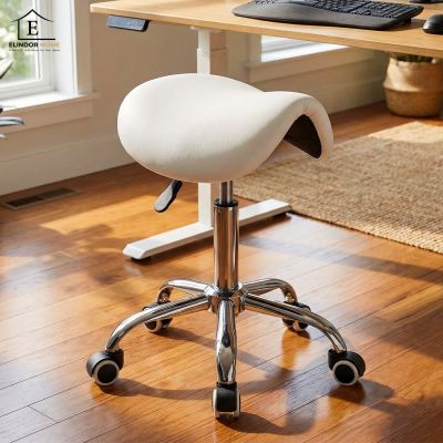 Scaun Ergonomic Elindor® Tip Sa, cu Rotatie 360°, fara Spatar si Manere, Design Compact, Tapitat cu Burete Moale, cu Picior Metalic cu Roti, Potrivite pentru Bucatarie, Birou, Medici, Salon, Inaltime Ajustabila 61 × 48 × 48 cm, Alb - Default Title