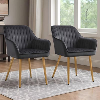 Set 2 Scaune Elindor® Ergonomice, Design Contemporan, Scaun cu Spatar si cu Manere, din Catifea cu Picioare Metalice Aurii, Potrivite pentru Living, Bucatarie, Birou, Dormitor, Latime Sezut 49 cm, 55.5 x 43 x 83 cm, Gri - Default Title