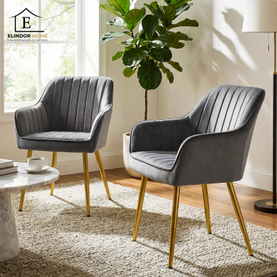 Set 2 Scaune Elindor® Ergonomice, Design Contemporan, Scaun cu Spatar si cu Manere, din Catifea cu Picioare Metalice Negre, Potrivite pentru Living, Bucatarie, Birou, Dormitor, 83 × 55.5 × 43 cm, Gri - Default Title