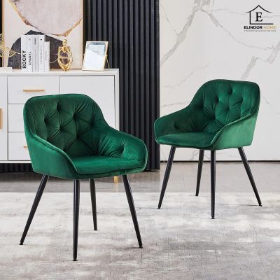 Set 2 Scaune Elindor® Ergonomice, Design Contemporan, Scaun cu Spatar si cu Manere, din Catifea cu Picioare Metalice Negre, Potrivite pentru Living, Bucatarie, Birou, Dormitor,85 × 65 × 50 cm, Verde - Default Title