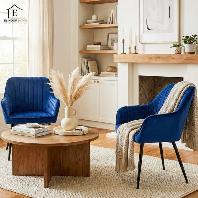 Set 2 Scaune Elindor® Ergonomice, Design Contemporan, Scaun cu Spatar si cu Manere, din Catifea cu Picioare Metalice Negre, Potrivite pentru Living, Bucatarie, Birou, Dormitor, 90x60x45 cm, Albastru - Default Title