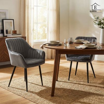 Set 2 Scaune Elindor® Ergonomice, Design Contemporan, Scaun cu Spatar si cu Manere, din Catifea cu Picioare Metalice Negre, Potrivite pentru Living, Bucatarie, Birou, Dormitor, 90x60x45 cm, Gri - Default Title