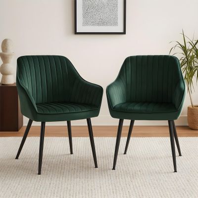 Set 2 Scaune Elindor® Ergonomice, Design Contemporan, Scaun cu Spatar si cu Manere, din Catifea cu Picioare Metalice Negre, Potrivite pentru Living, Bucatarie, Birou, Dormitor, Latime Sezut 49 cm, 55.5 x 43 x 83 cm, Verde Inchis - Default Title