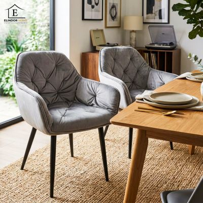 Set 2 Scaune Elindor® Ergonomice, Design Contemporan, Scaun cu Spatar si cu Manere, din Catifea cu Picioare Metalice Negre, Potrivite pentru Living, Bucatarie, Birou, Dormitor, Latime Sezut 55 cm, Gri - Default Title