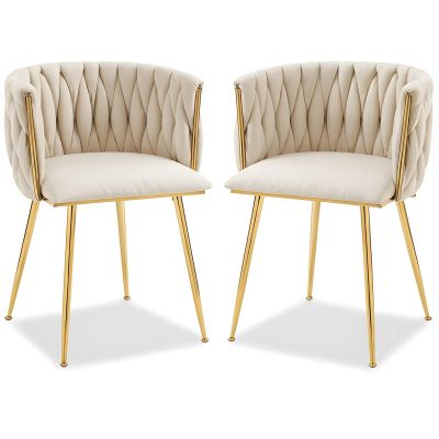 Set 2 Scaune Elindor® Ergonomice, Tip Scoica, Design Contemporan, Scaun cu Spatar si cu Manere, din Catifea cu Picioare Metalice Aurii, Potrivite pentru Living, Bucatarie, Birou, Dormitor, Bej - Default Title