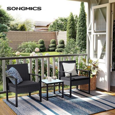 Set 2 scaune si masuta pentru gradina/terasa, Patio, Songmics, polietilena/otel/sticla, negru