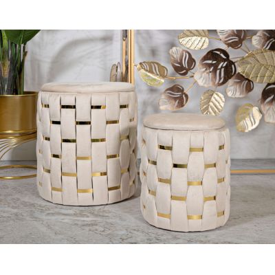 Set 2 taburete cu spatiu depozitare Shanty, Mauro Ferretti, 37x42 cm, 28x35 cm, fier/MDf/poliester, crem/auriu