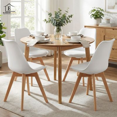 Set 4 Scaune Bucatarie Albe Elindor® din Piele Ecologica, Picioare din Lemn, Scaun Confortabil, Perna Sezut, Elegant, pentru Bucatarie, Dormitor, Living, 50 x 45 x 81 cm - Default Title