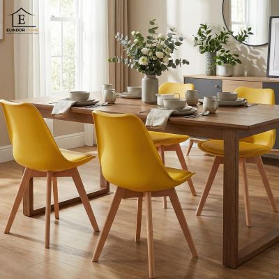 Set 4 Scaune Bucatarie Elindor® din Piele Ecologica, Picioare din Lemn, Scaun Confortabil, Perna Sezut, Elegant, pentru Bucatarie, Dormitor, Living, 50 x 45 x 81 cm, Galben - Default Title