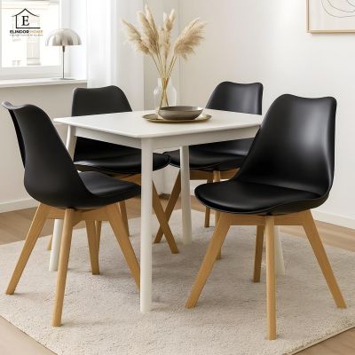 Set 4 Scaune Bucatarie Elindor® din Piele Ecologica, Picioare din Lemn, Scaun Confortabil, Perna Sezut, Elegant, pentru Bucatarie, Dormitor, Living, Negru - Default Title