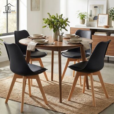 Set 4 Scaune Bucatarie Negre Elindor® din Piele Ecologica, Picioare din Lemn, Scaun Confortabil, Perna Sezut, Elegant, pentru Bucatarie, Dormitor, Living, 50 x 45 x 81 cm - Default Title