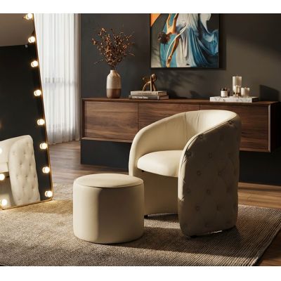 Set fotoliu si taburet pentru picioare, Mauro Ferretti, Zagabria, 75x76x80 cm, lemn de pin/piele ecologica, alb