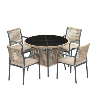 Set mobilier de grădină modern, 5 piese, masă rotundă cu blat din sticlă securizată, 4 scaune cu brațe cu spătar din sfoară, Gri