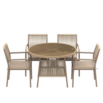 Set mobilier de grădină modern, 5 piese, masă rotundă cu blat din sticlă securizată, 4 scaune cu brațe cu spătar din sfoară, Maro
