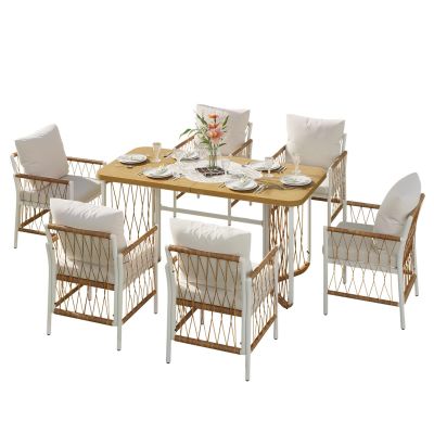 Set modern de mobilier de grădină, 7 piese, cadru alb din fier cu cotiere împletite, 1 masă+6 scaune, Bej+Culoare naturală