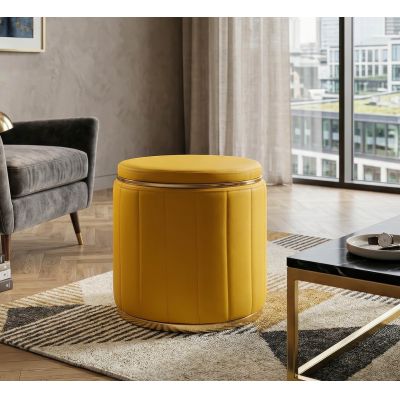 Taburet cu spatiu de depozitare, Mauro Ferretti, London, 46.5x44 cm, lemn de pin/piele ecologica, galben mustar/auriu